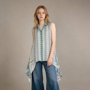 NWOT Johnny Was Arroyo Ice Blue Floral Paisley Irregular Hem Shirt Blouse Size S